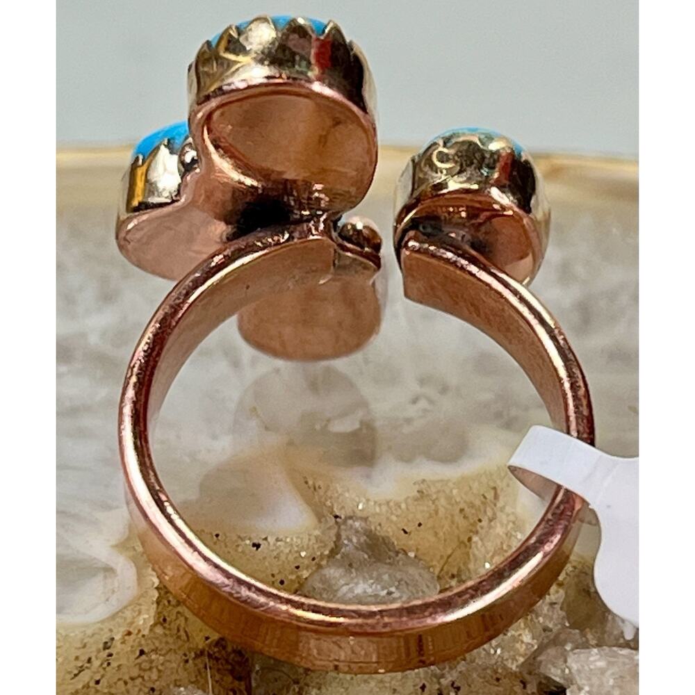 Southwestern Kingman Turquoise Copper Adjustable Bypass 4 Stone Cluster Ring - Picture 7 of 15